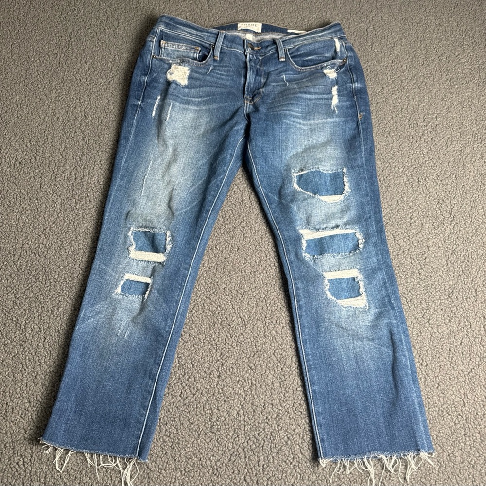 Frame Mens L' Homme Skinny Jeans Size 31 Light Wash Distressed Frayed Hem Denim.
